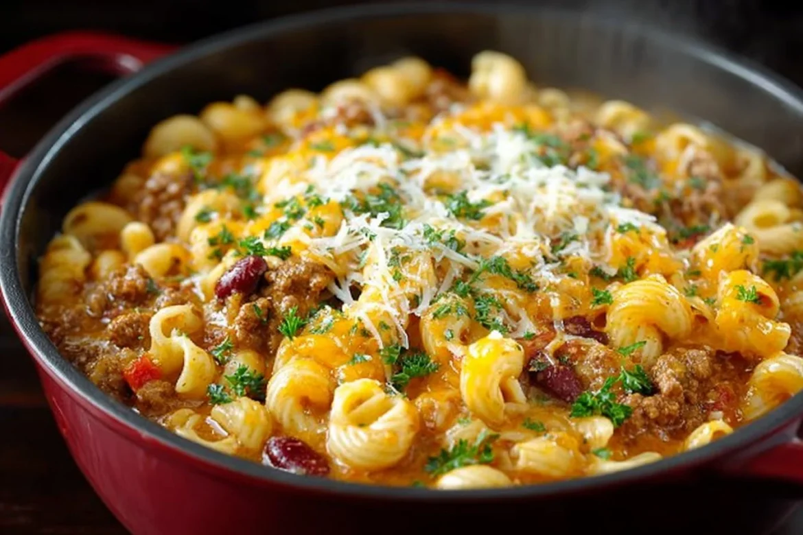 One Pot Chili Mac and Cheese dish served in a bowl with toppings