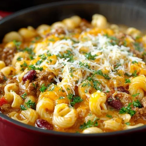 One Pot Chili Mac and Cheese dish served in a bowl with toppings