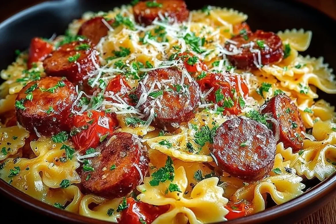 One Pot Kielbasa Pasta in a skillet garnished with parsley