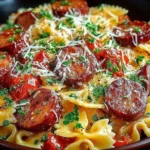One Pot Kielbasa Pasta in a skillet garnished with parsley
