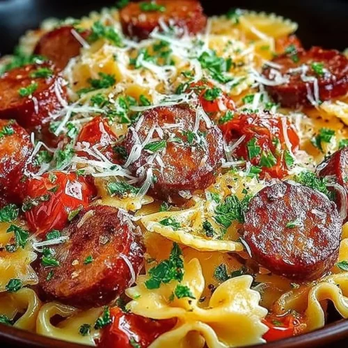 One Pot Kielbasa Pasta in a skillet garnished with parsley