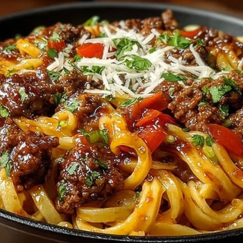 One-skillet honey chili beef pasta with vibrant colors and flavors