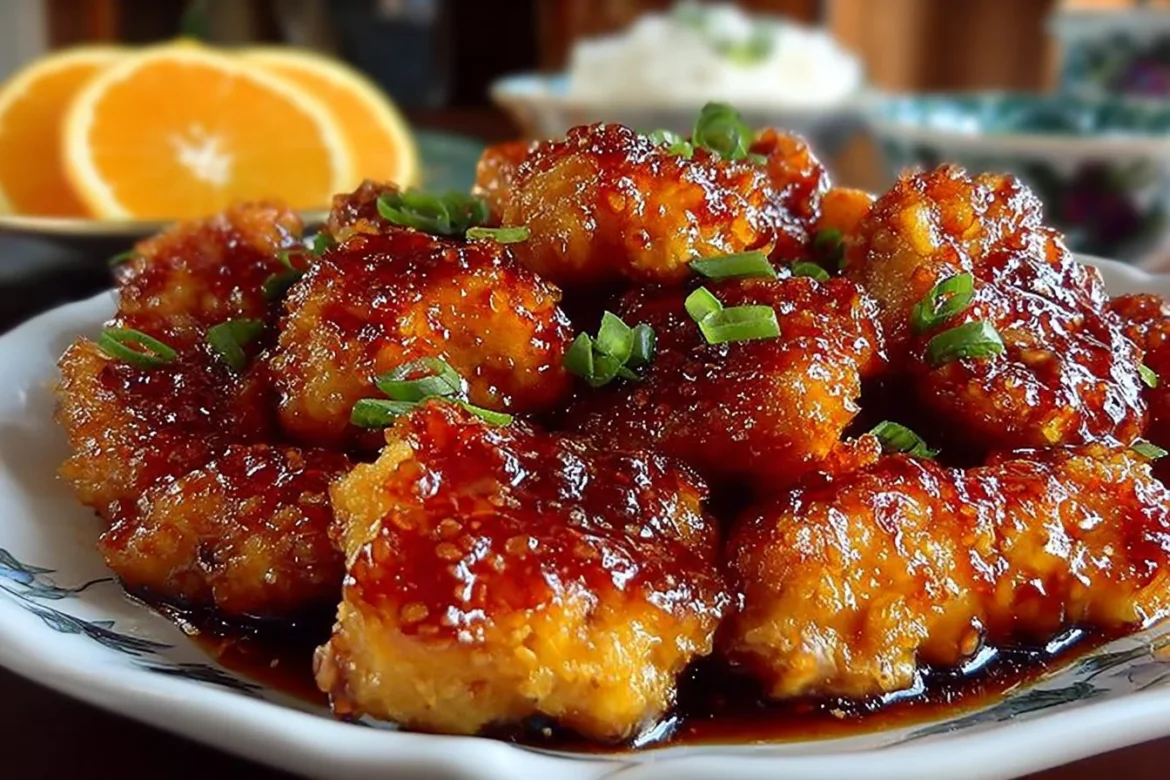 Delicious Orange Chicken served with steamed rice and vegetables