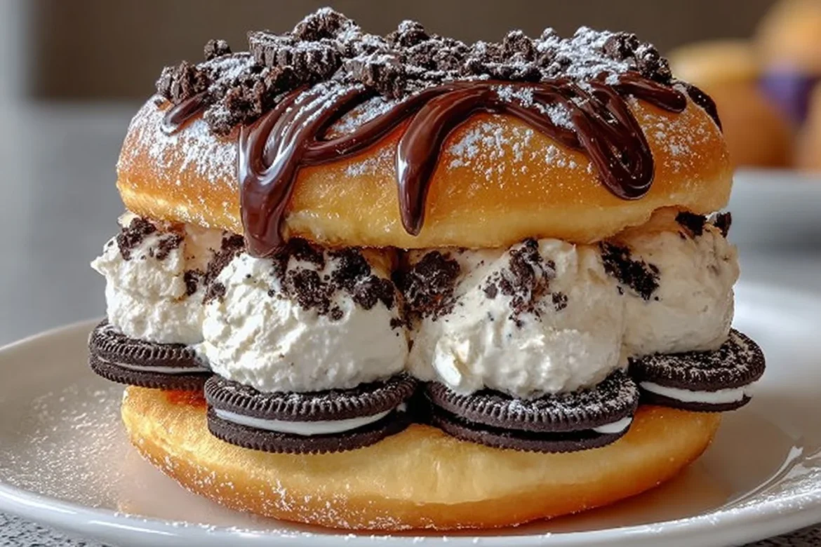 Oreo cheesecake stuffed donut burger with melted chocolate and cookie crumbles