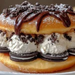 Oreo cheesecake stuffed donut burger with melted chocolate and cookie crumbles