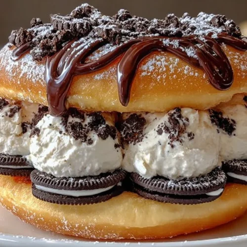 Oreo cheesecake stuffed donut burger with melted chocolate and cookie crumbles