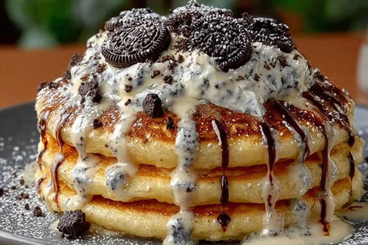Oreo pancakes topped with cream cheese drizzle on a plate