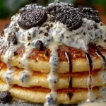 Oreo pancakes topped with cream cheese drizzle on a plate