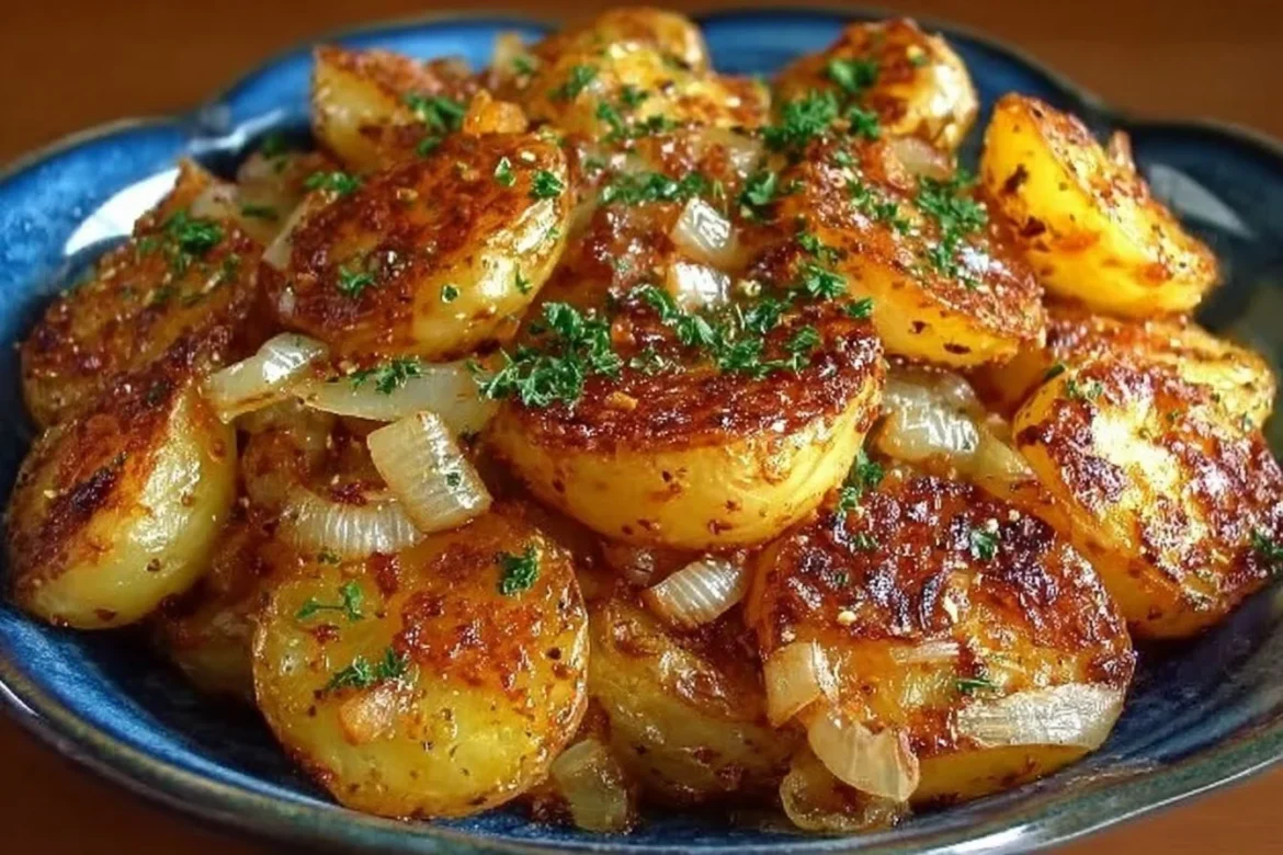 Plate of oven fried potatoes and onions, golden and crispy