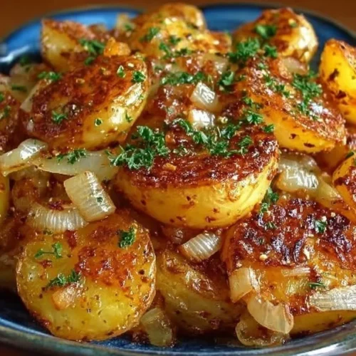 Plate of oven fried potatoes and onions, golden and crispy