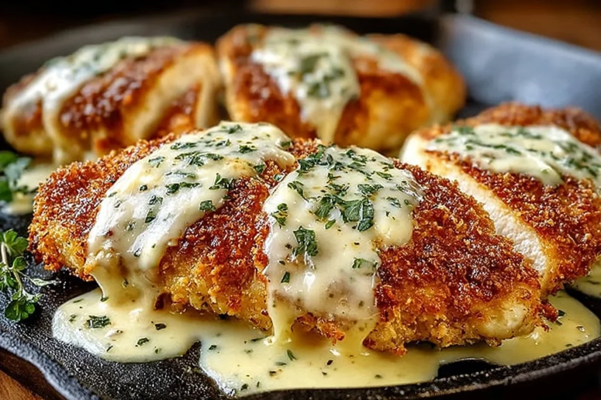 Parmesan Crusted Chicken served with a creamy garlic sauce on a plate.