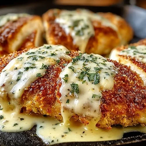 Parmesan Crusted Chicken served with a creamy garlic sauce on a plate.