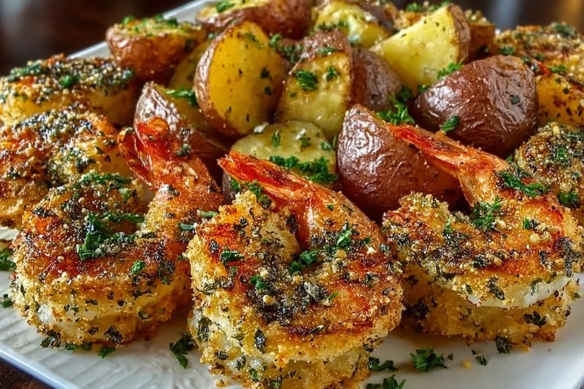 Plate of Parmesan Encrusted Shrimp served with baked herb potatoes.