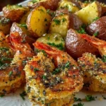 Plate of Parmesan Encrusted Shrimp served with baked herb potatoes.