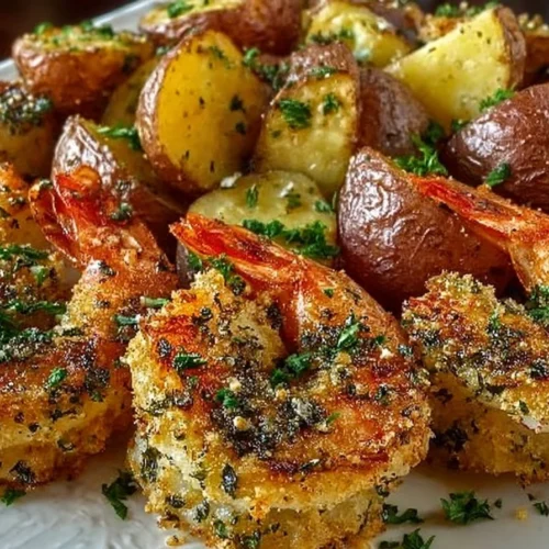 Plate of Parmesan Encrusted Shrimp served with baked herb potatoes.