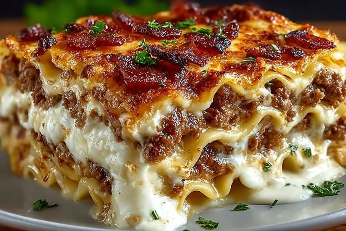 Parmesan Garlic Bacon Cheeseburger Lasagna served in a dish, showcasing layers and toppings