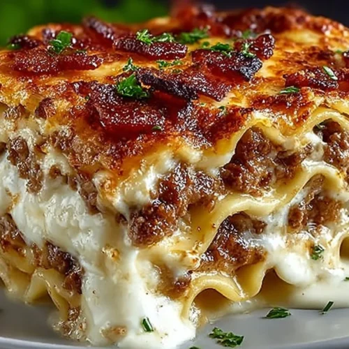 Parmesan Garlic Bacon Cheeseburger Lasagna served in a dish, showcasing layers and toppings