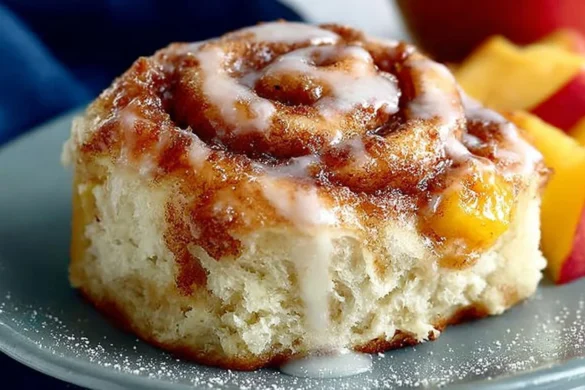 Freshly baked Peach Cinnamon Rolls topped with glaze and sliced peaches.
