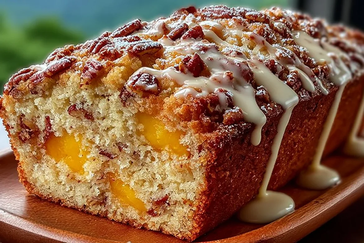 Freshly baked peach pecan bread with slices showcasing peaches and pecans