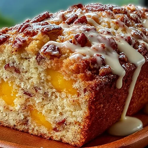 Freshly baked peach pecan bread with slices showcasing peaches and pecans