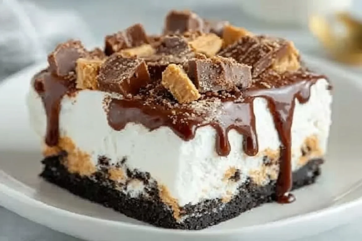Peanut Butter Cup Icebox Cake topped with chocolate and peanut butter cups