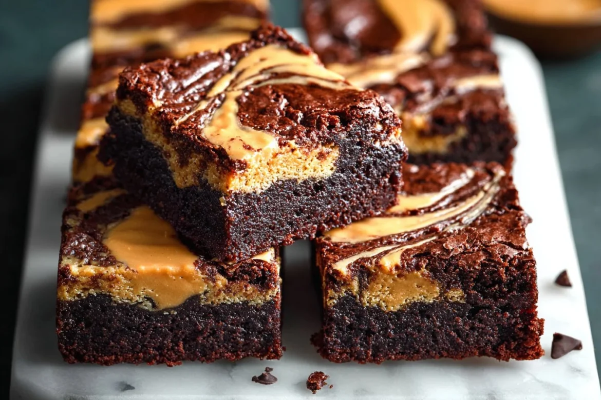 Delicious peanut butter swirl brownies topped with creamy peanut butter