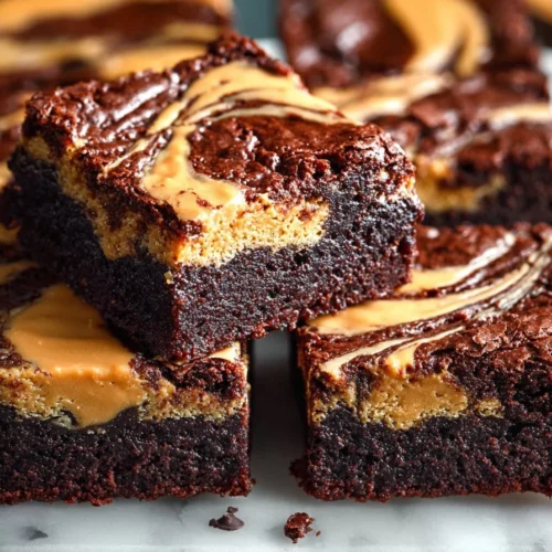 Delicious peanut butter swirl brownies topped with creamy peanut butter