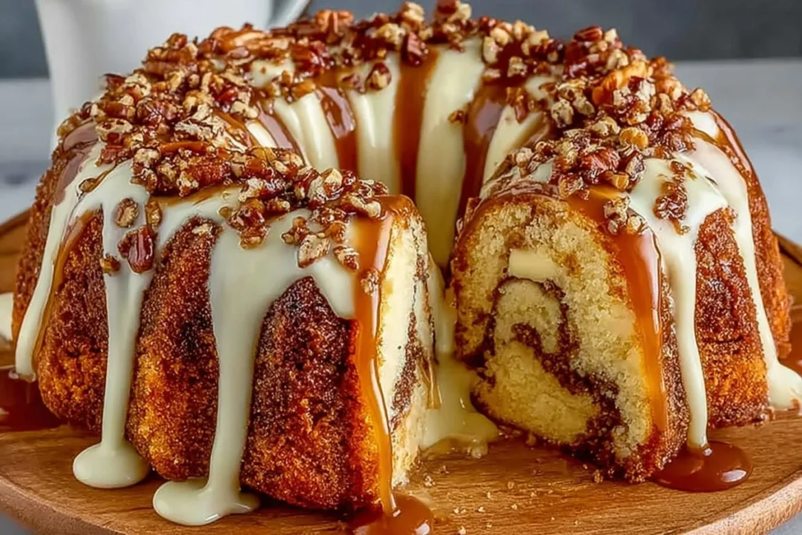 Delicious Pecan Caramel Cinnamon Roll Cream Cheese Pound Cake on a plate
