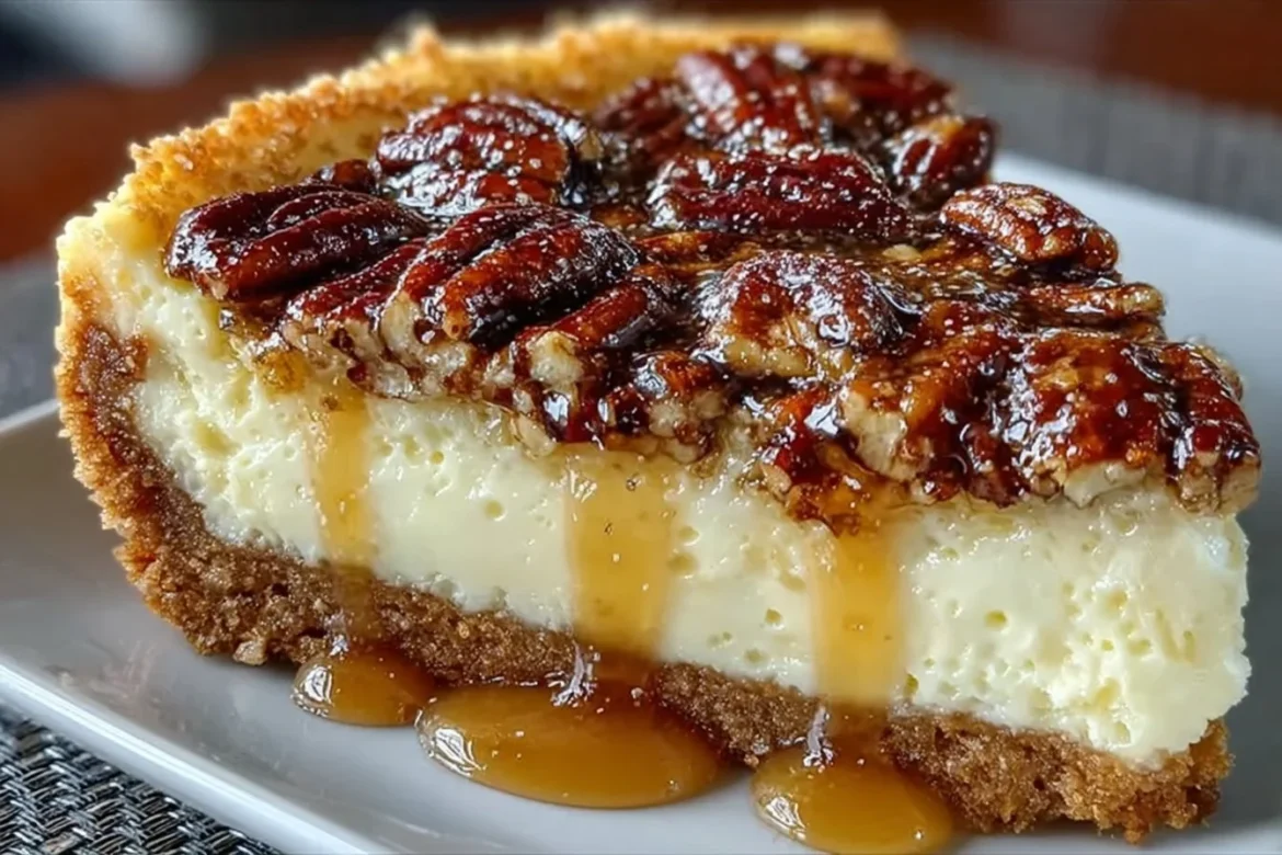 Delicious pecan pie cheesecake topped with caramel and pecans