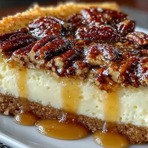 Delicious pecan pie cheesecake topped with caramel and pecans