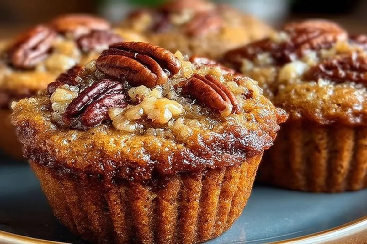 Freshly baked pecan pie muffins on a wooden table
