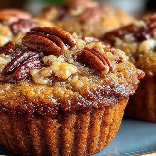 Freshly baked pecan pie muffins on a wooden table