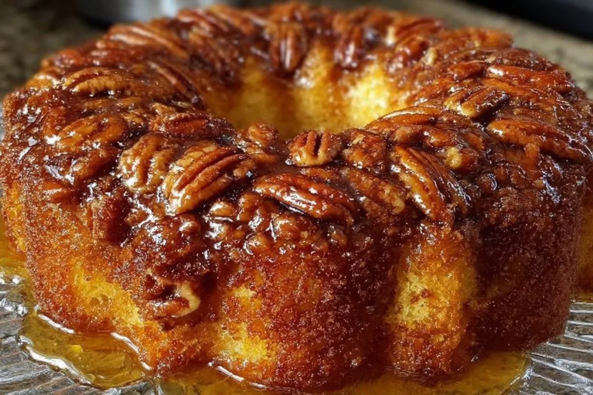Delicious pecan upside down cake with caramelized pecans