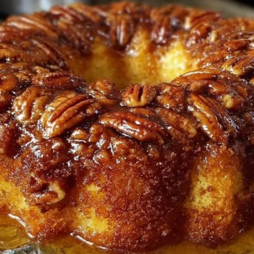Delicious pecan upside down cake with caramelized pecans