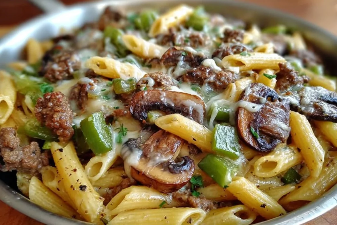 Delicious Philly Cheese Steak Pasta dish served in a bowl