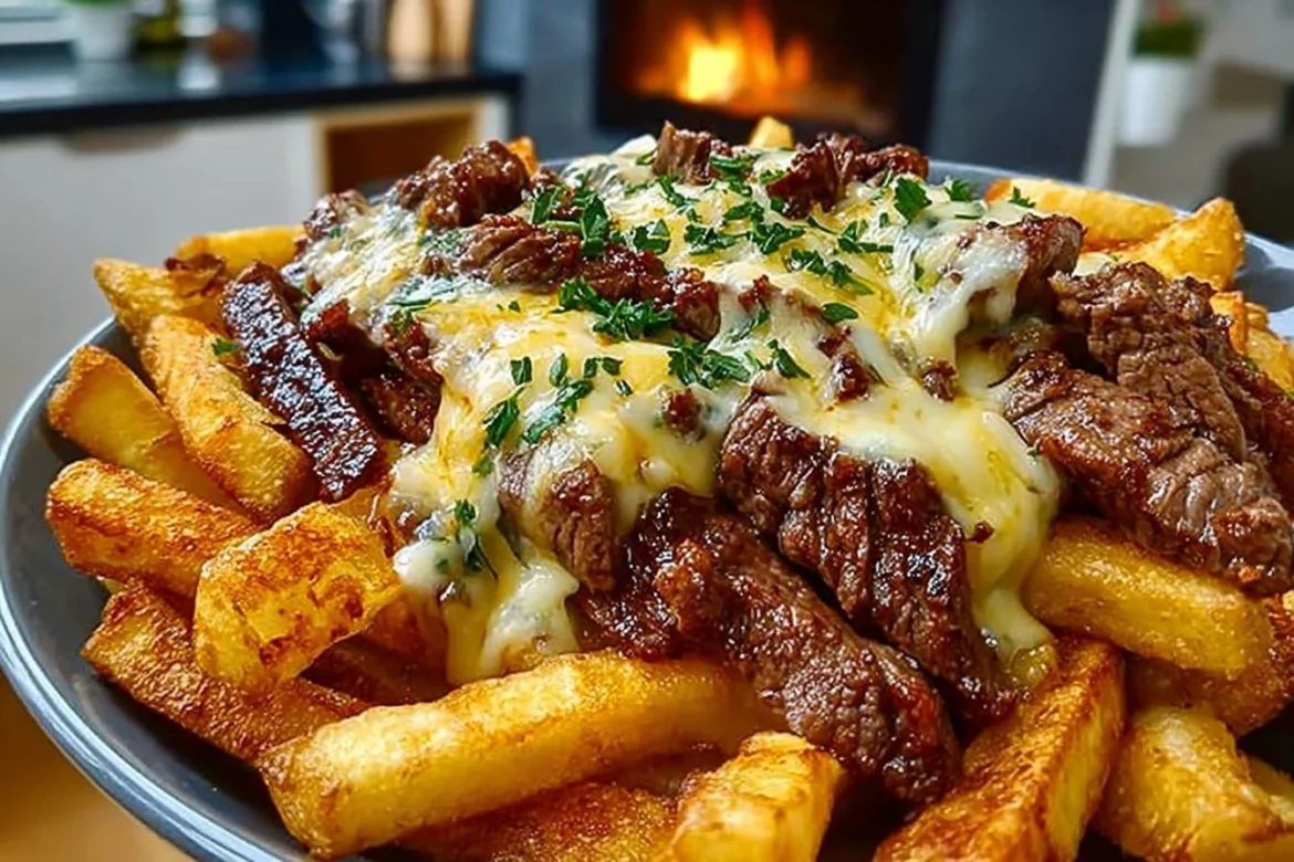Delicious Philly Steak Cheese Fries topped with melted cheese and savory steak.