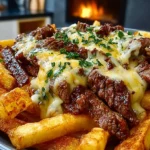 Delicious Philly Steak Cheese Fries topped with melted cheese and savory steak.