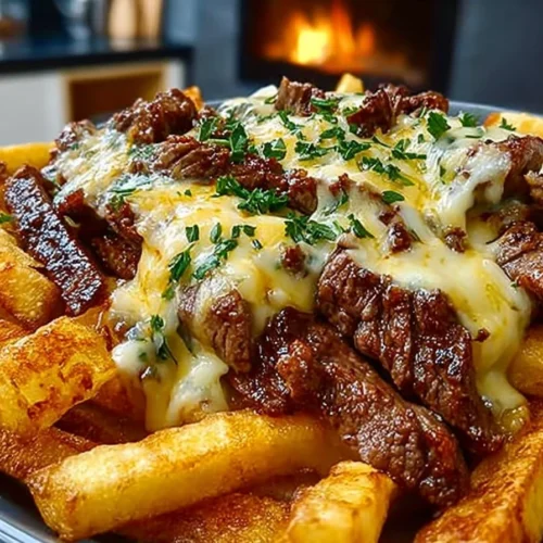 Delicious Philly Steak Cheese Fries topped with melted cheese and savory steak.