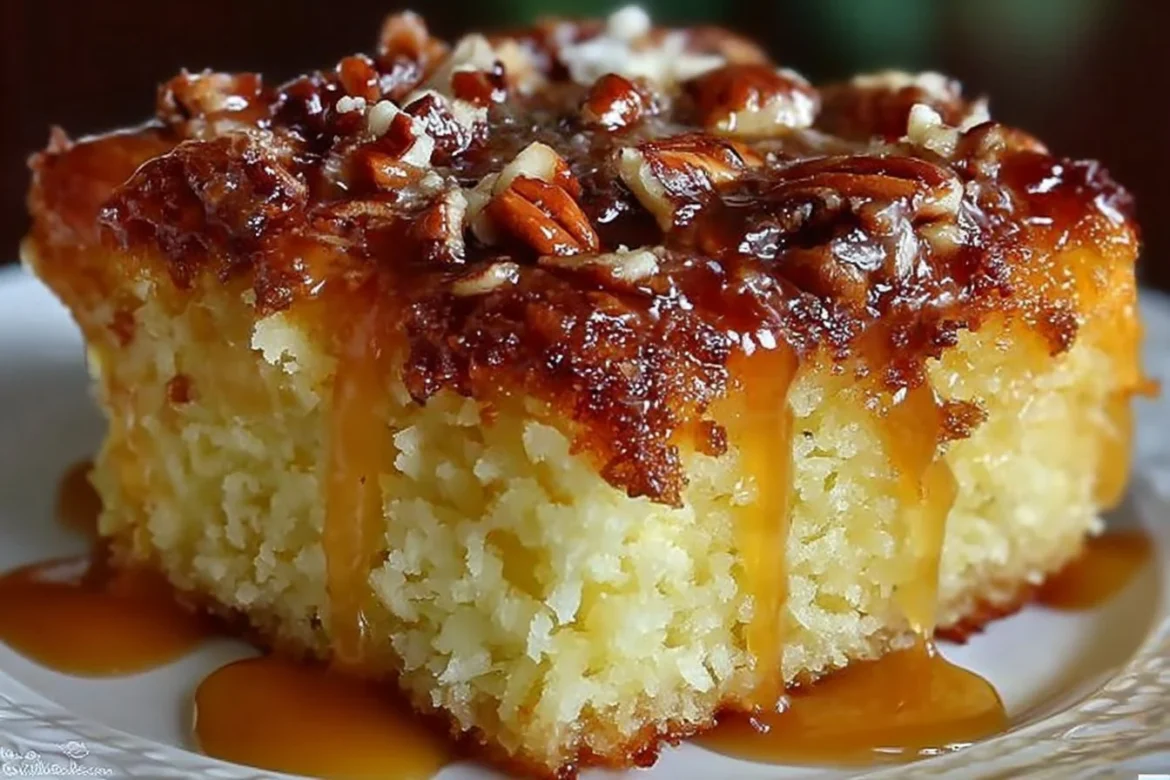 A slice of moist Pineapple Coconut Cake with frosting and pineapple slices on top.