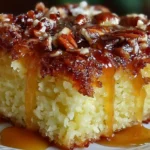 A slice of moist Pineapple Coconut Cake with frosting and pineapple slices on top.