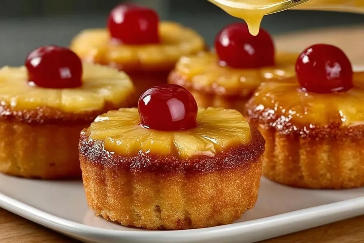 Delicious pineapple upside down cupcakes with caramelized pineapple topping