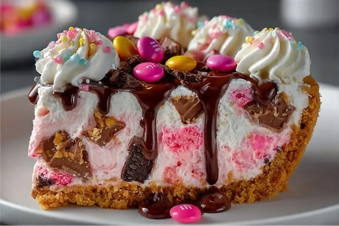 No-Bake Pink M&M Snickers Cheesecake topped with colorful candy