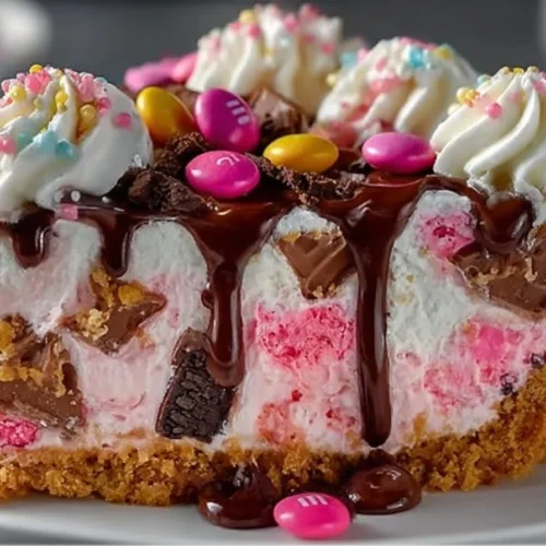 No-Bake Pink M&M Snickers Cheesecake topped with colorful candy