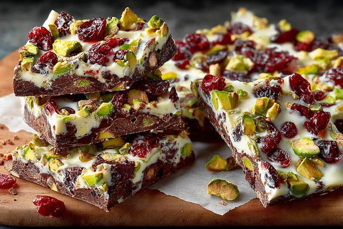 Delicious homemade Pistachio Cranberry Bark with nuts and dried fruit.