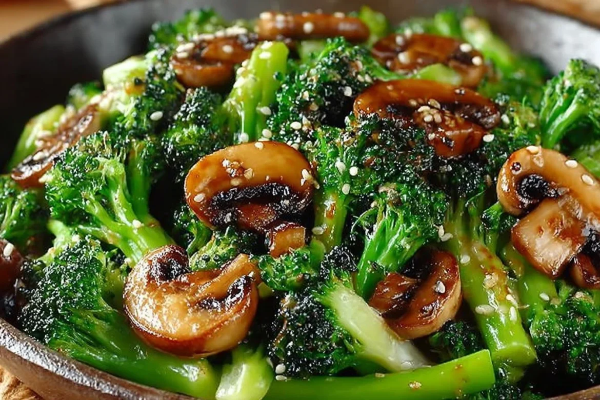 Quick and tasty broccoli mushroom stir-fry plated with vibrant vegetables.