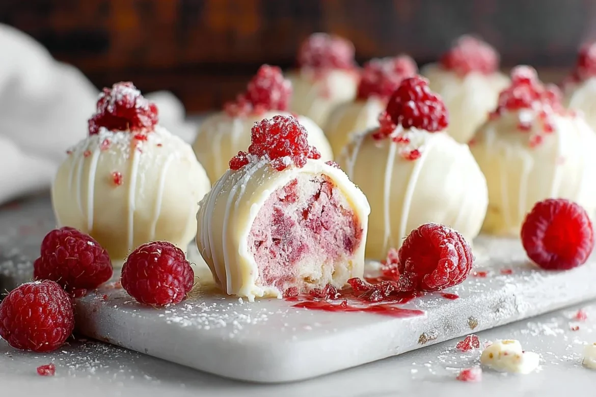 A close-up of Raspberry White Chocolate Truffles served on a white plate