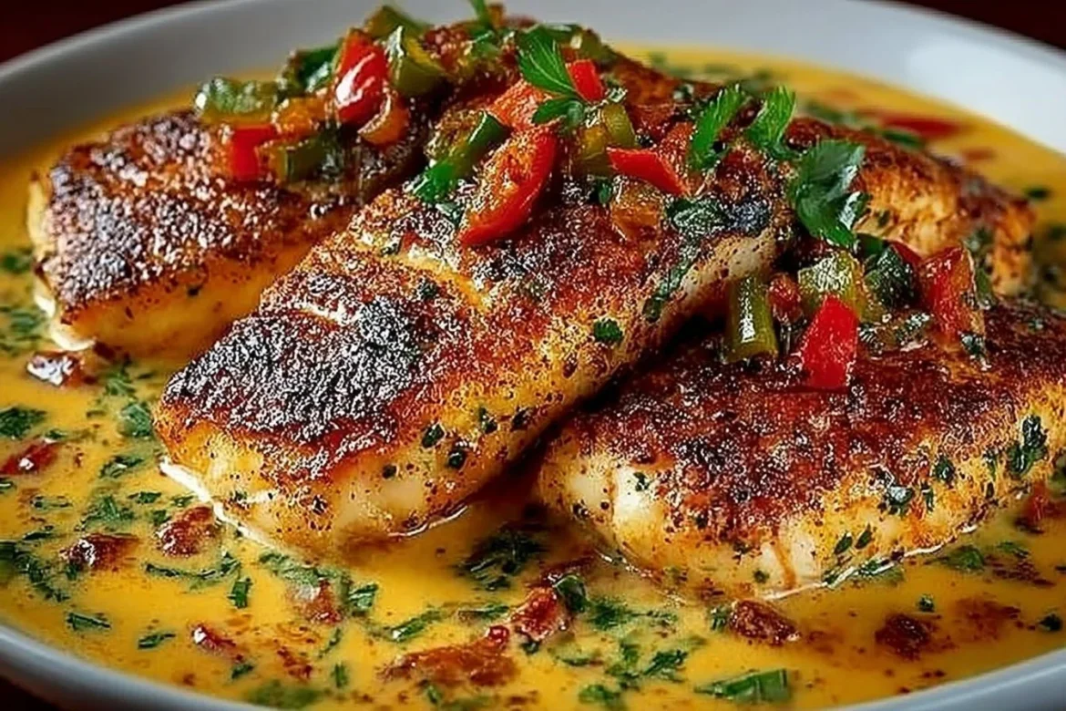 Red Snapper served with a rich creamy Creole sauce, garnished and plated.