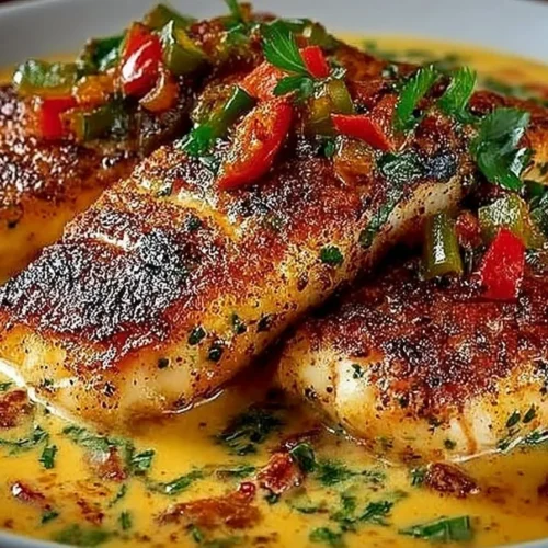 Red Snapper served with a rich creamy Creole sauce, garnished and plated.