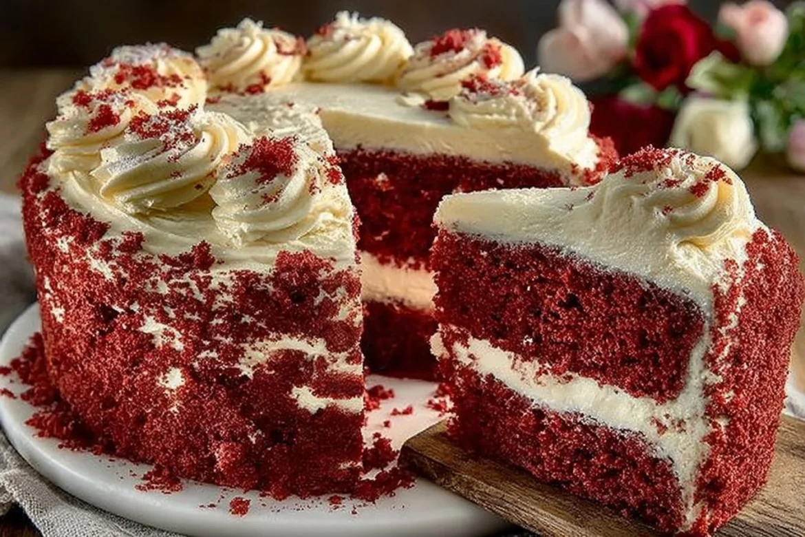 Slice of Red Velvet Buttermilk Cake with Cream Cheese Frosting on a plate