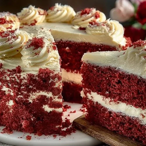 Slice of Red Velvet Buttermilk Cake with Cream Cheese Frosting on a plate